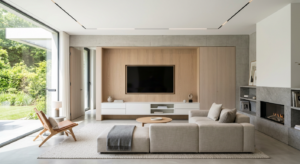 A minimalist, bright modern living room with hidden cable solutions, sleek built-in furniture, and a