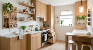 A bright, modern, and highly functional small kitchen with light cabinetry, clever vertical storage