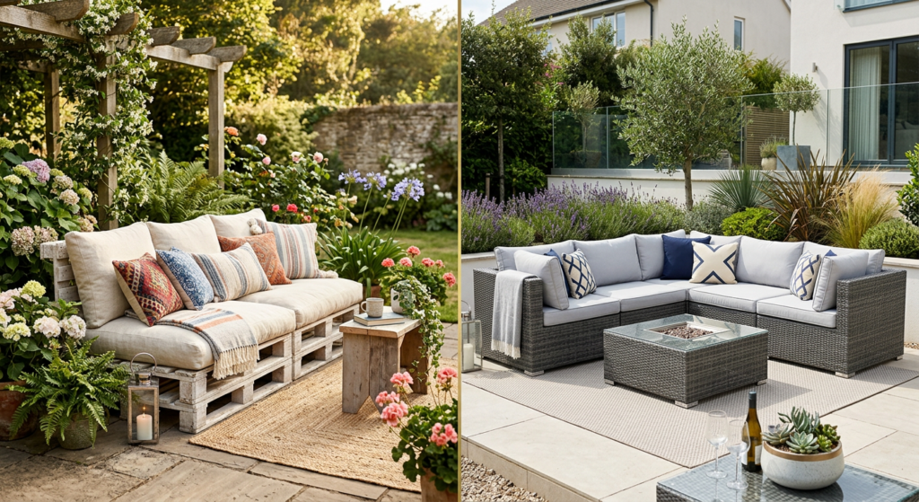 A sophisticated split-screen composition comparing a cozy DIY pallet sofa with plush cushions on one