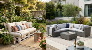 A sophisticated split-screen composition comparing a cozy DIY pallet sofa with plush cushions on one