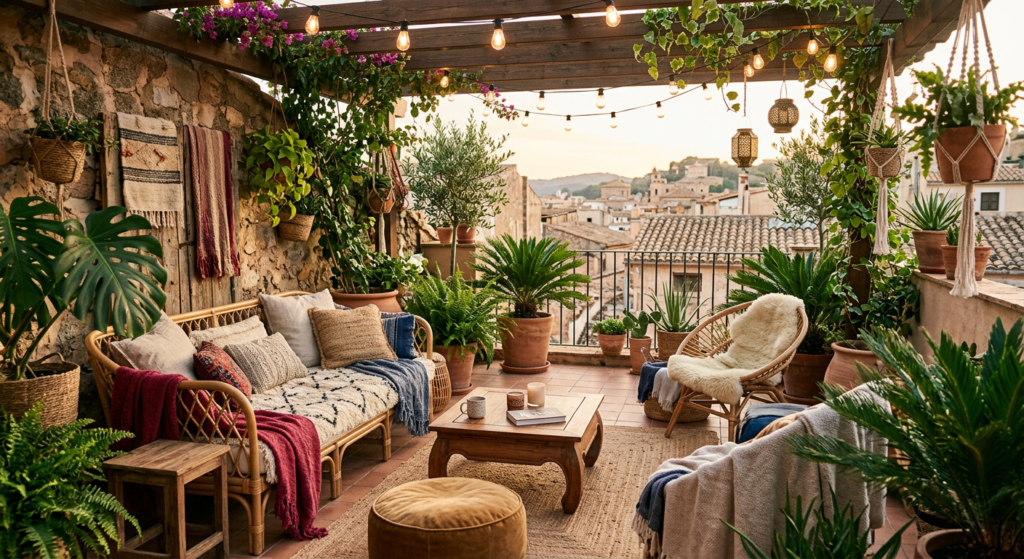 A cozy, sun-drenched boho-style terrace featuring layered natural textiles, rattan furniture, lush p