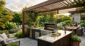 A professional editorial shot of a modern outdoor kitchen with a premium integrated grill, sleek sto