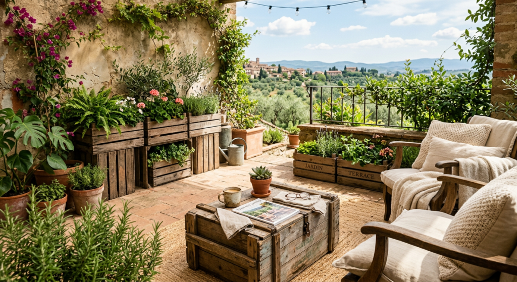 A high-end, editorial-style photograph of a cozy sun-drenched terrace featuring rustic wooden crates