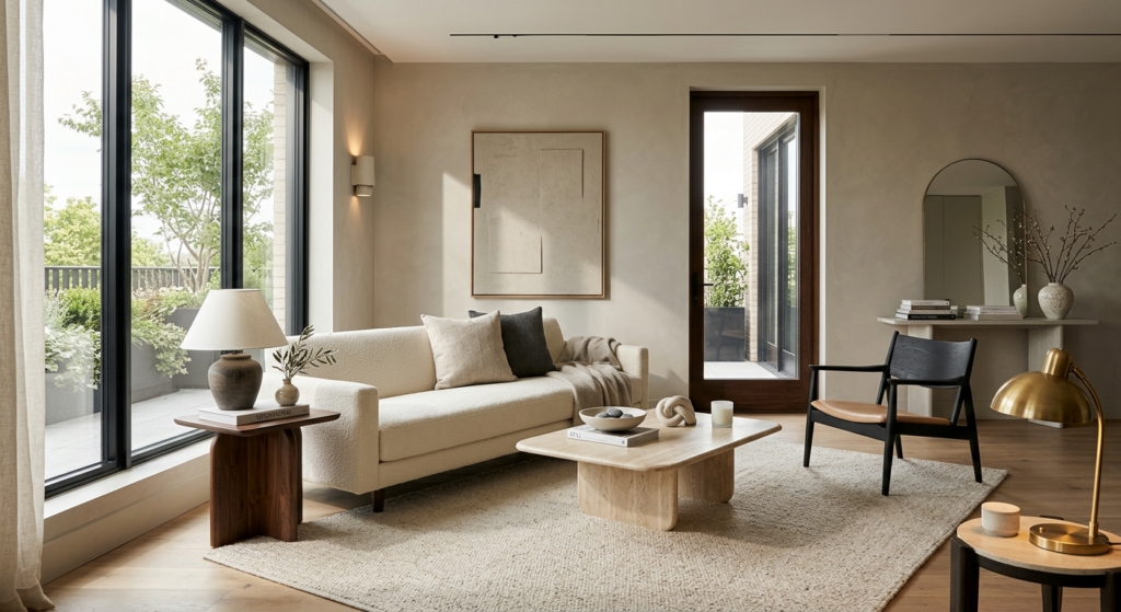 A high-end editorial photograph of a bright, minimalist modern living room featuring elegant furnitu