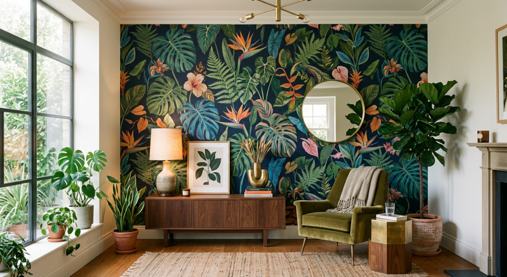 A high-end, editorial-style interior design photograph featuring a sophisticated living room wall ad