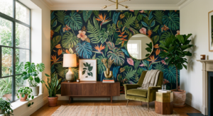 A high-end, editorial-style interior design photograph featuring a sophisticated living room wall ad