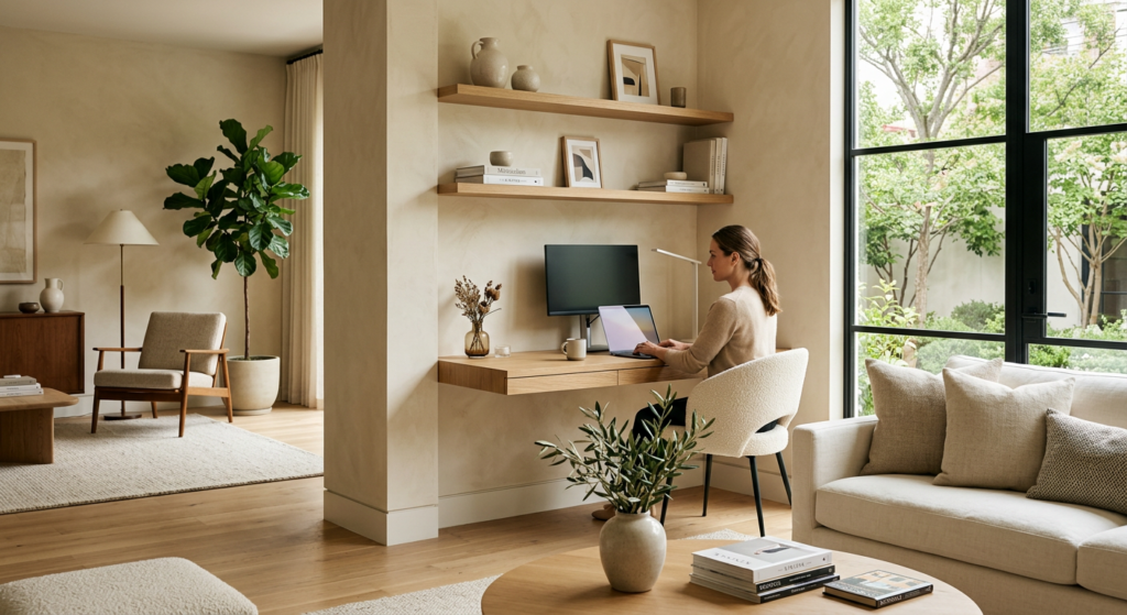 A sleek, minimalist home office corner integrated into a stylish, sunlit living room with neutral to
