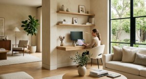 A sleek, minimalist home office corner integrated into a stylish, sunlit living room with neutral to