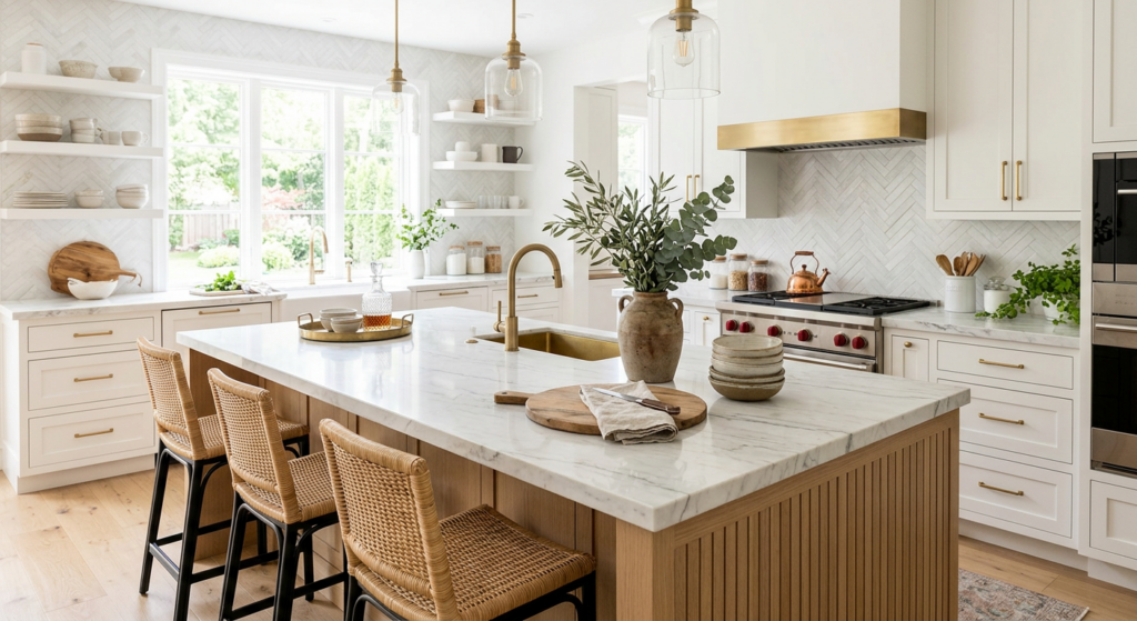 A bright, high-end modern kitchen featuring a functional central island with marble countertops, sty