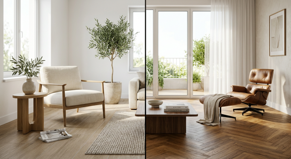 A high-end editorial split-screen composition comparing realistic wood-look porcelain tiles on one s