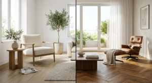 A high-end editorial split-screen composition comparing realistic wood-look porcelain tiles on one s