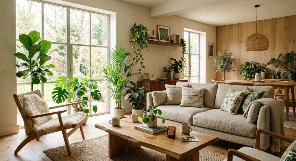 A high-end editorial photograph of a bright, modern living room filled with lush houseplants, natura