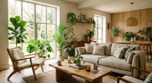 A high-end editorial photograph of a bright, modern living room filled with lush houseplants, natura