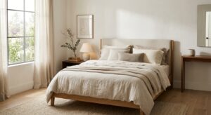 A serene, high-end bedroom interior featuring soft, natural linen bedding in neutral tones, bathed i