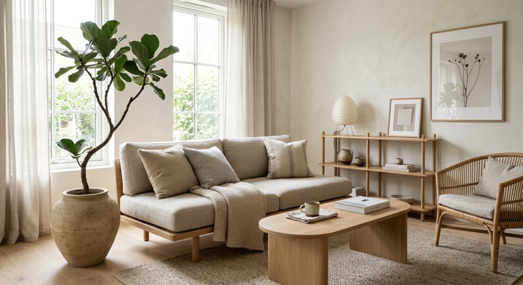 A professional interior design shot of a small, minimalist living room blending Japanese functionali