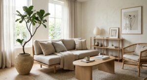 A professional interior design shot of a small, minimalist living room blending Japanese functionali