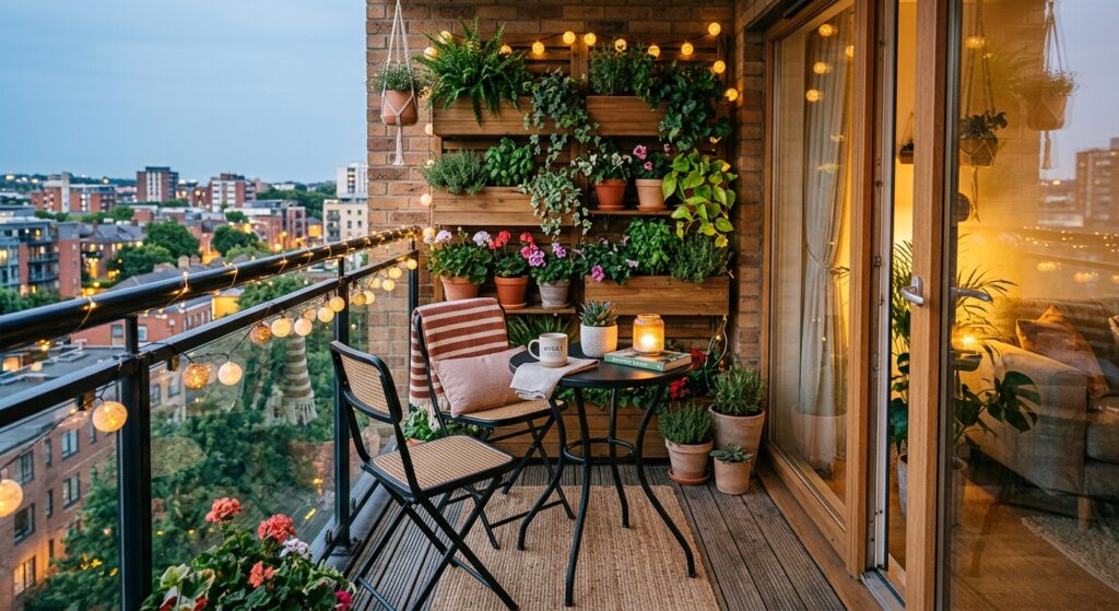 A cozy, functional small apartment balcony featuring a stylish bistro set, vertical garden, and warm