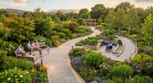 A high-angle, professional editorial shot of a modern, accessible garden path winding through lush g